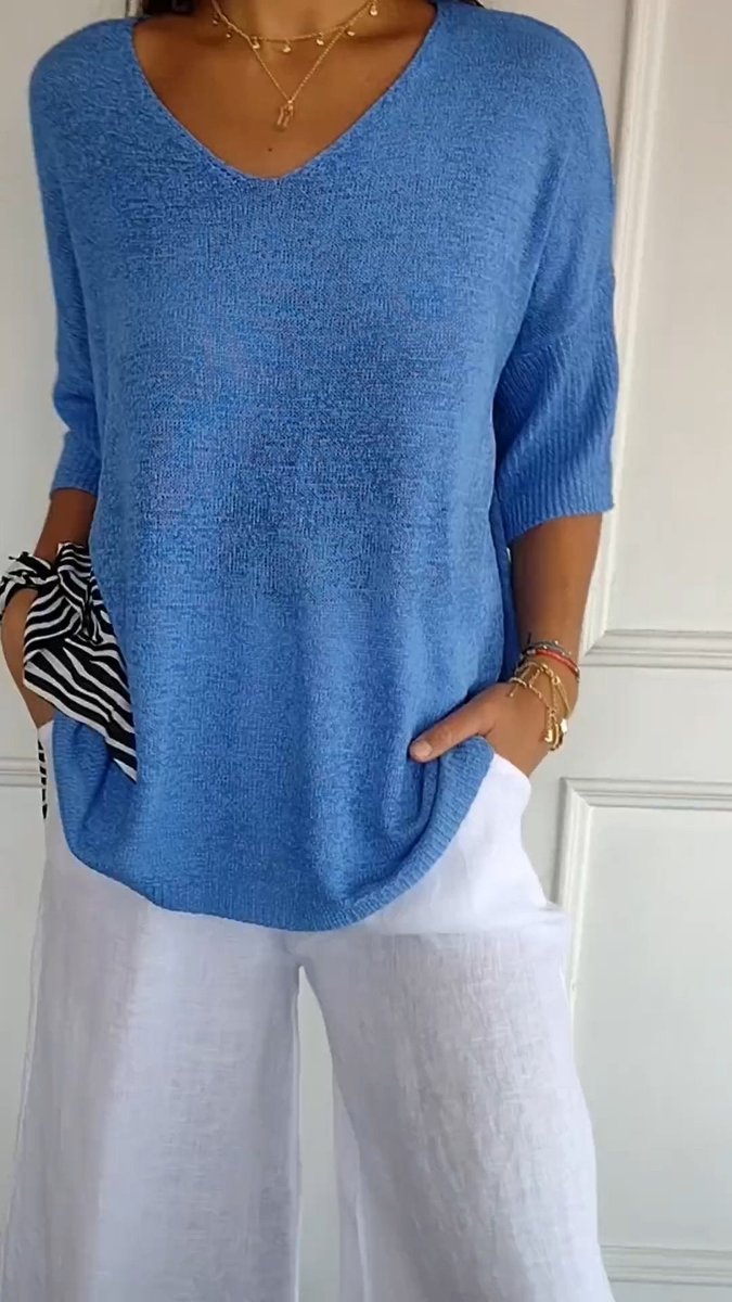Dames V-hals Gebreide Oversized Korte Mouw Top - Blauw