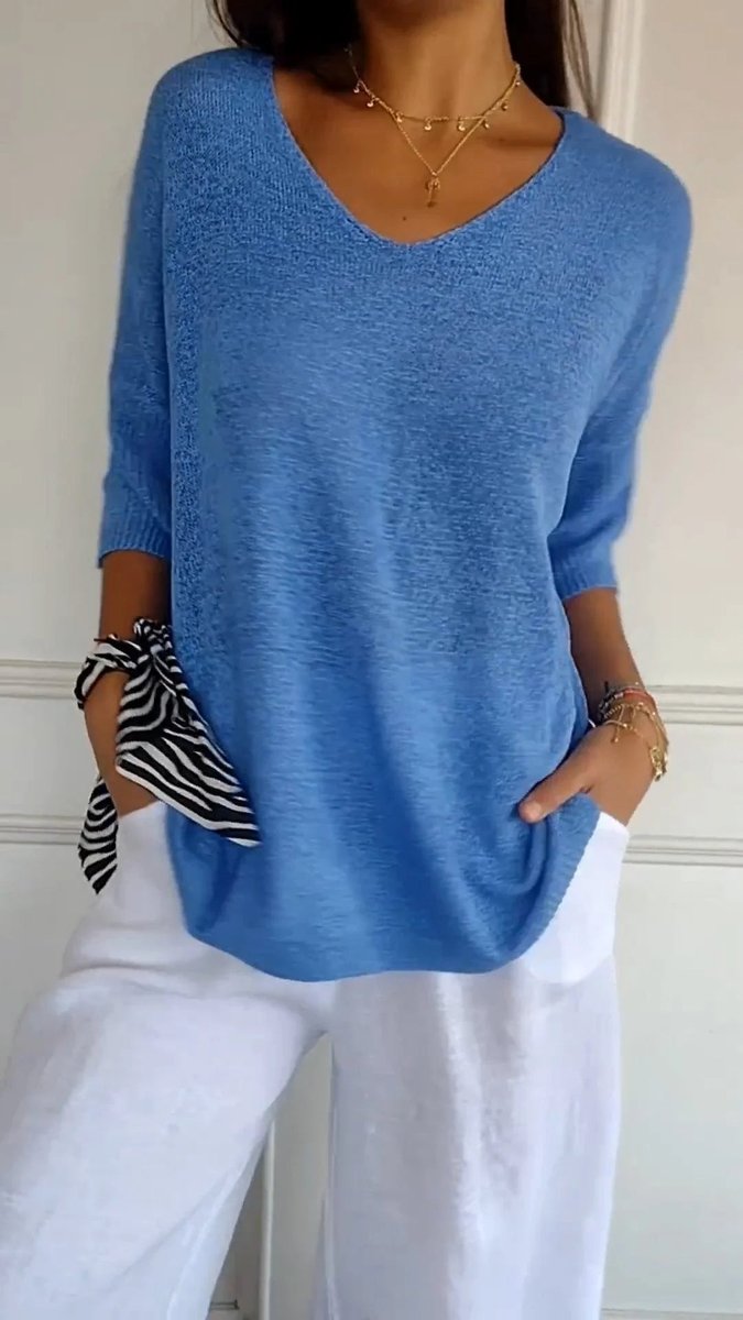 Dames V-hals Gebreide Oversized Korte Mouw Top
