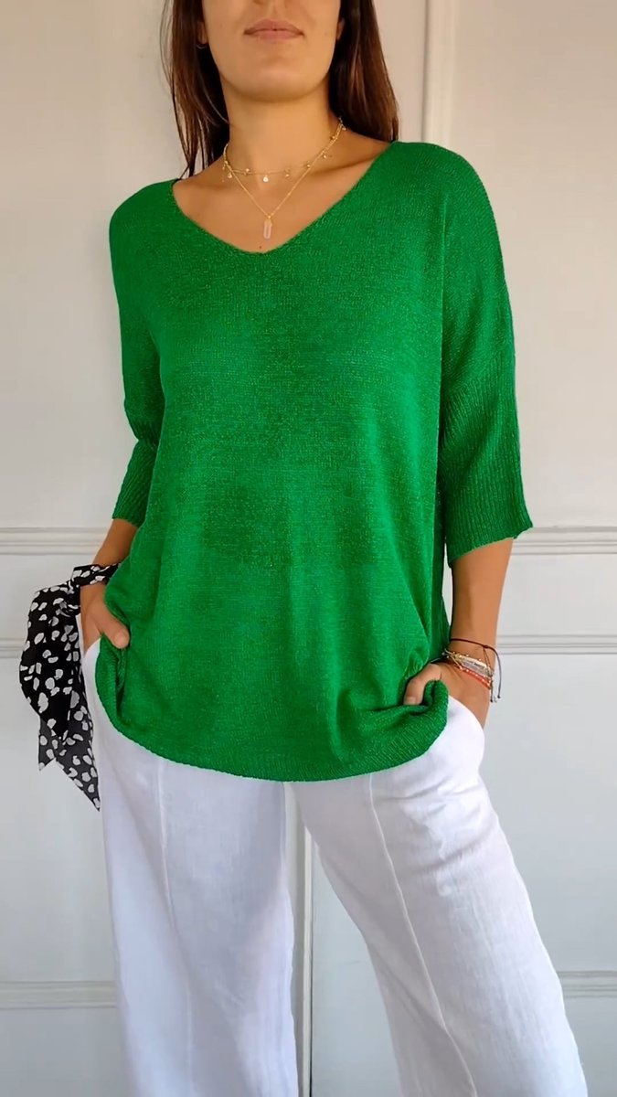 Dames V-hals Gebreide Oversized Korte Mouw Top - Groen