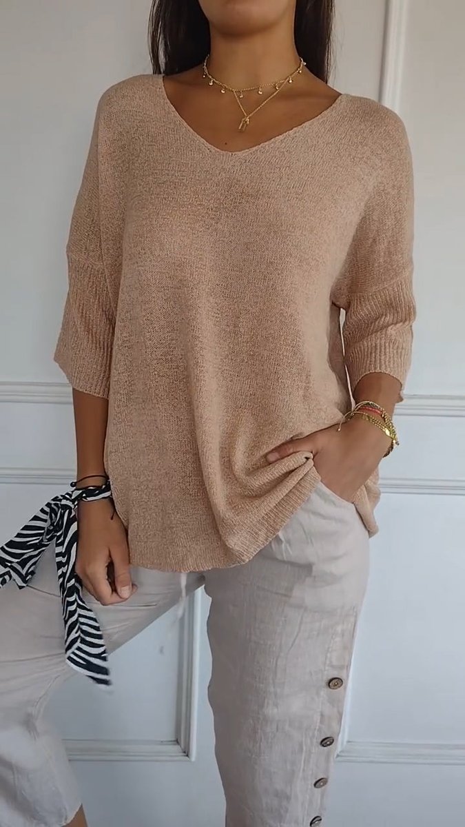 Dames V-hals Gebreide Oversized Korte Mouw Top - Abrikoos