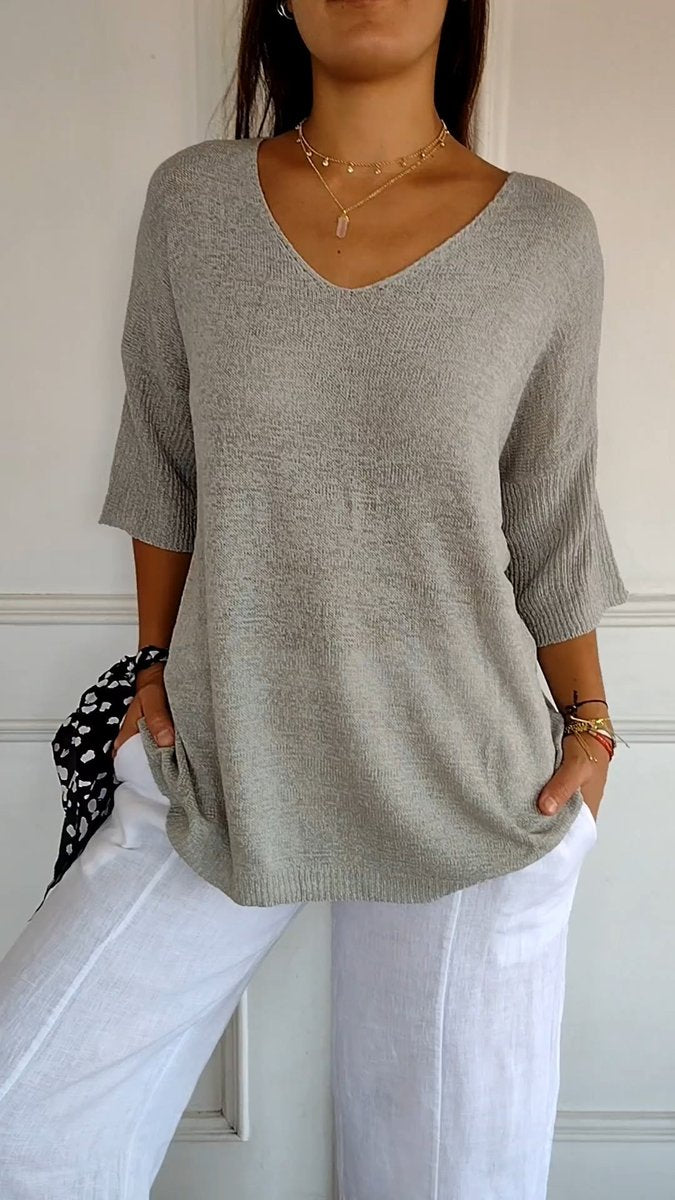 Dames V-hals Gebreide Oversized Korte Mouw Top - Grijs