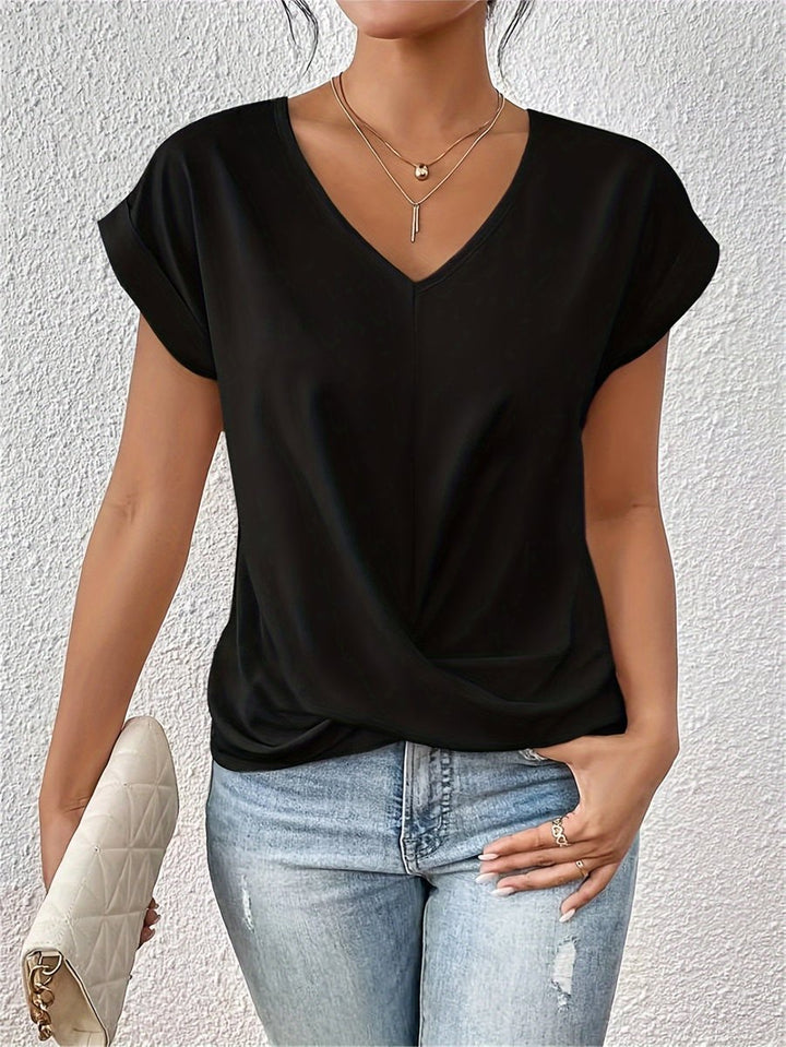 Dames V-Hals Gedrapeerd Casual T-Shirt Korte Mouw - Zwart