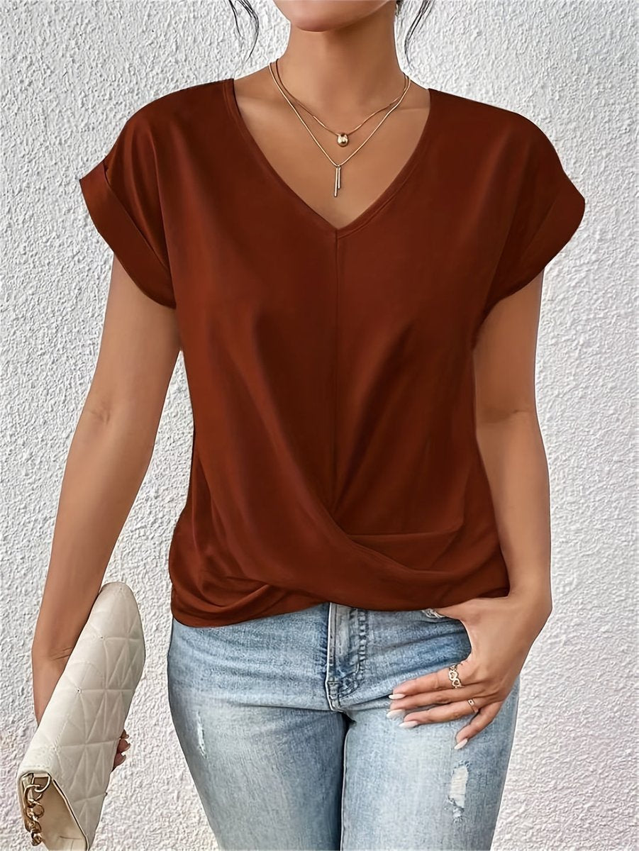 Dames V-Hals Gedrapeerd Casual T-Shirt Korte Mouw - Bruin