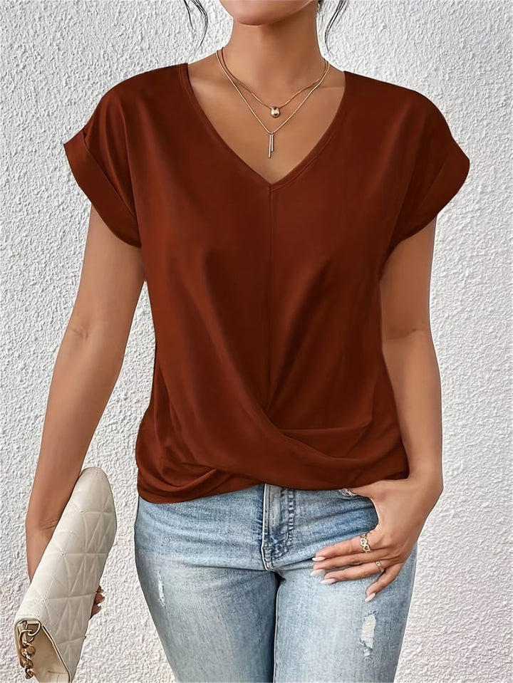 Dames V-Hals Gedrapeerd Casual T-Shirt Korte Mouw - Bruin