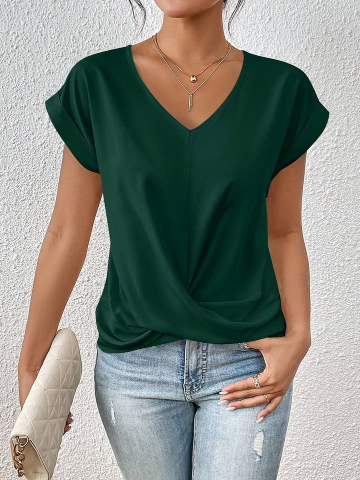 Dames V-Hals Gedrapeerd Casual T-Shirt Korte Mouw - Groen