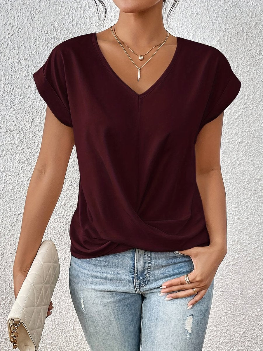 Dames V-Hals Gedrapeerd Casual T-Shirt Korte Mouw - Bordeaux