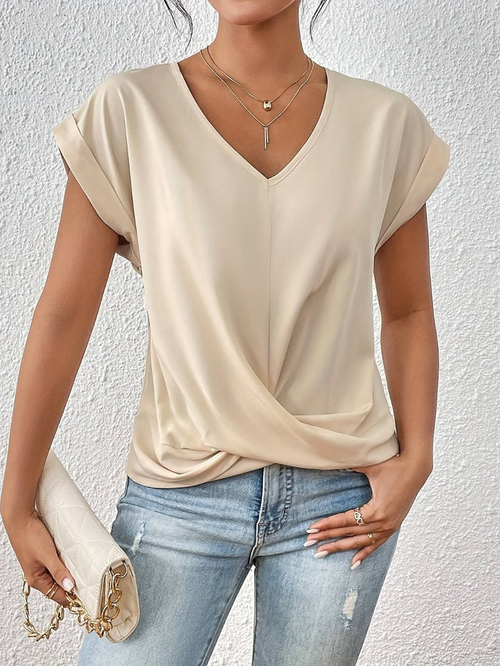 Dames V-Hals Gedrapeerd Casual T-Shirt Korte Mouw - Abrikoos