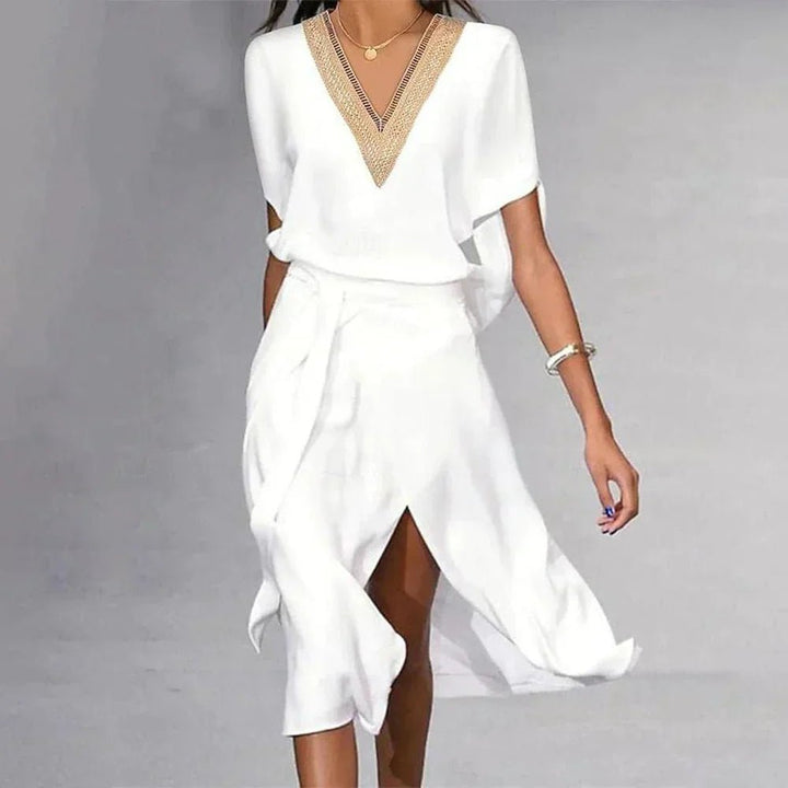 Dames V-Hals Gouddetail Korte Mouwen Midi Jurk - White