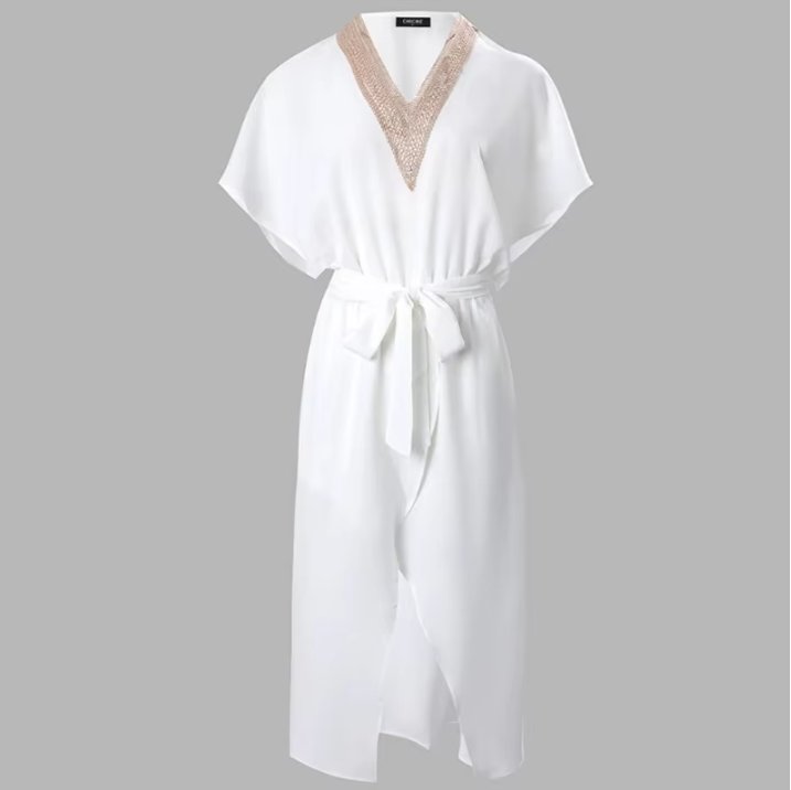 Dames V-Hals Gouddetail Korte Mouwen Midi Jurk