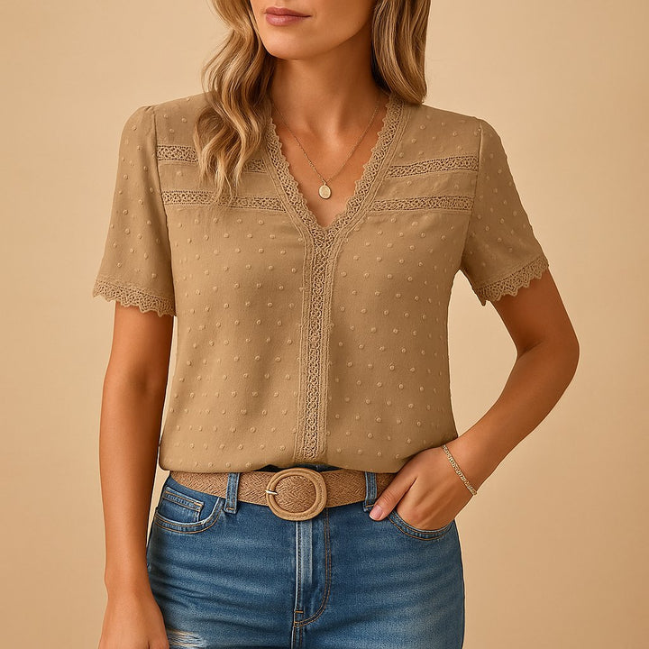 Dames V-hals Kanten Korte Mouwen Blouse - Khaki