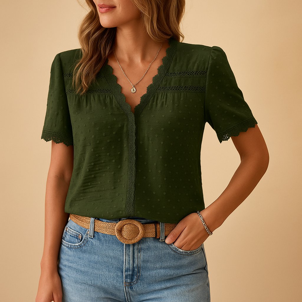 Dames V-hals Kanten Korte Mouwen Blouse - Army Green