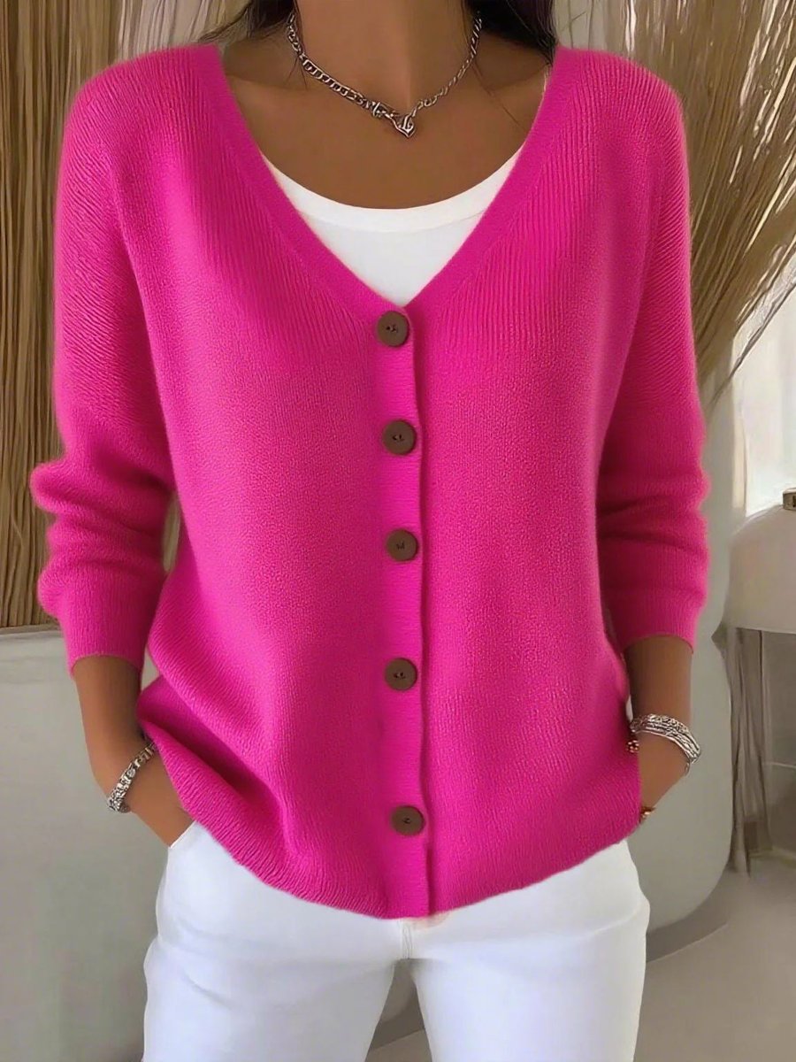 Dames V-Hals Knoopsluiting Gebreide Cardigan Sweater Women - Rozerood