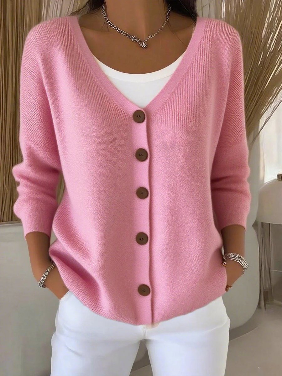 Dames V-Hals Knoopsluiting Gebreide Cardigan Sweater Women - Roze