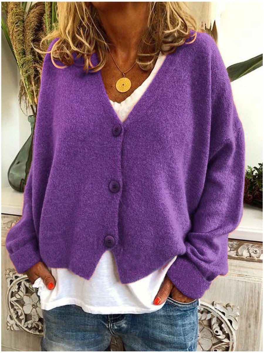 Dames V-hals Knoopsluiting Oversized Cardigan - Paars