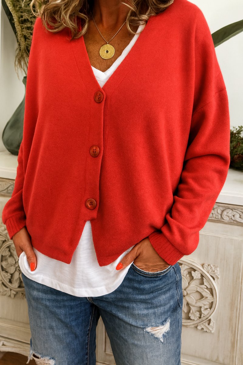 Dames V-hals Knoopsluiting Oversized Cardigan - Rood