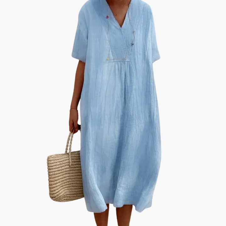 Dames V-Hals Linnen Midi Jurk Relaxed-Fit - Blue