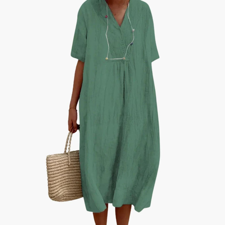 Dames V-Hals Linnen Midi Jurk Relaxed-Fit - Light Green