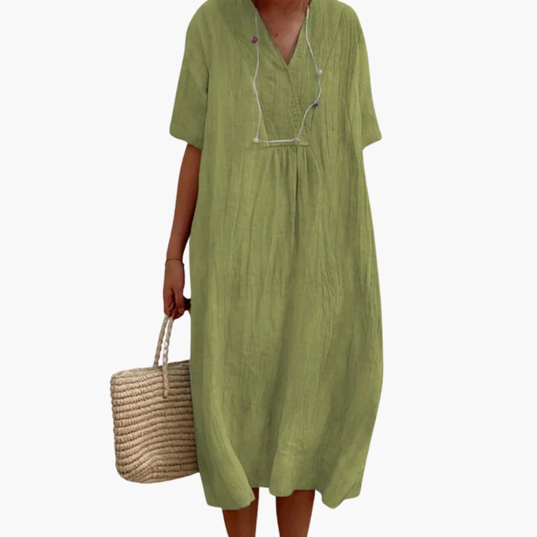 Dames V-Hals Linnen Midi Jurk Relaxed-Fit - Green