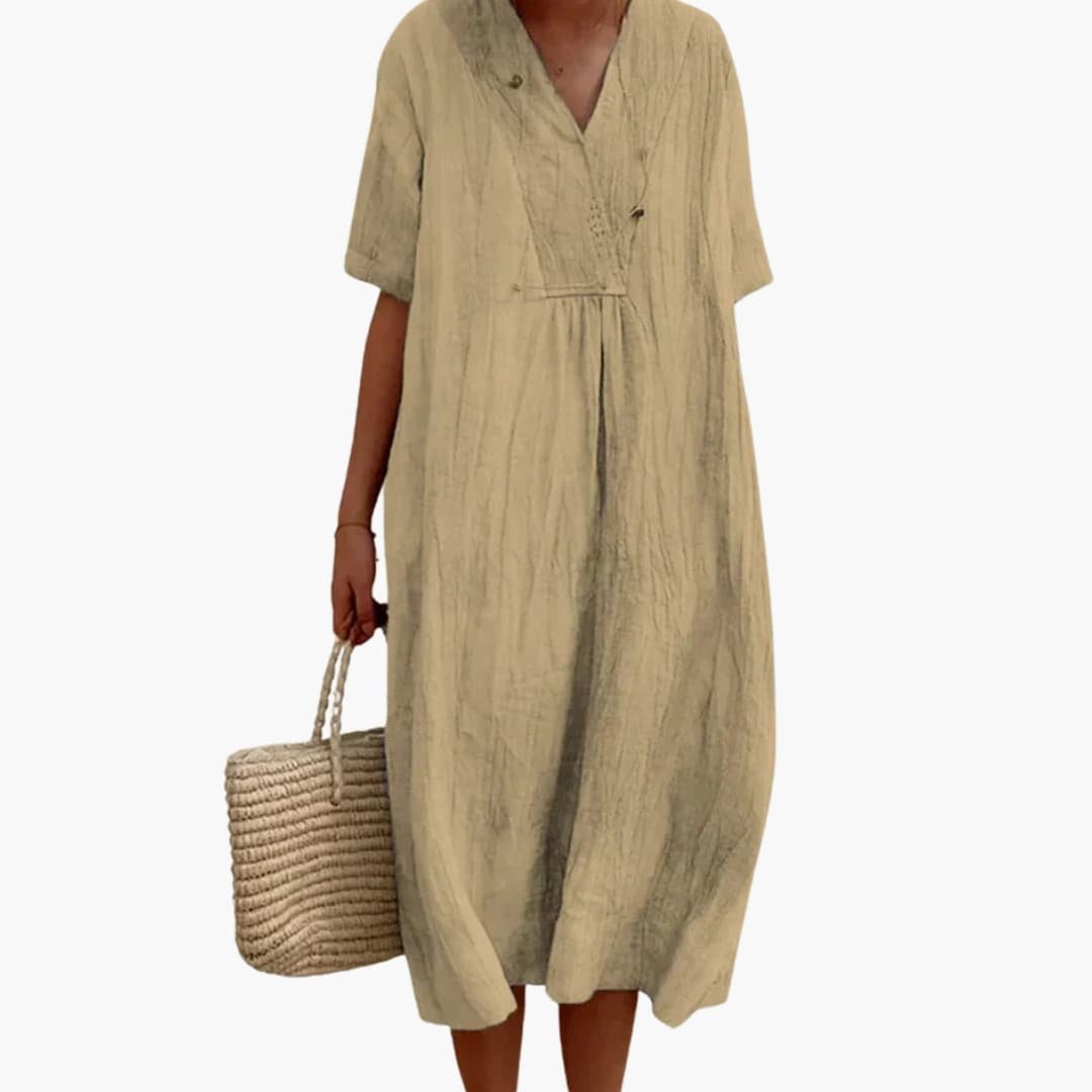 Dames V-Hals Linnen Midi Jurk Relaxed-Fit - Khaki