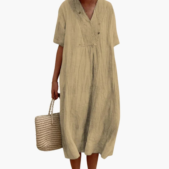 Dames V-Hals Linnen Midi Jurk Relaxed-Fit - Khaki