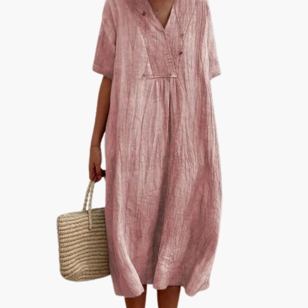 Dames V-Hals Linnen Midi Jurk Relaxed-Fit - Pink