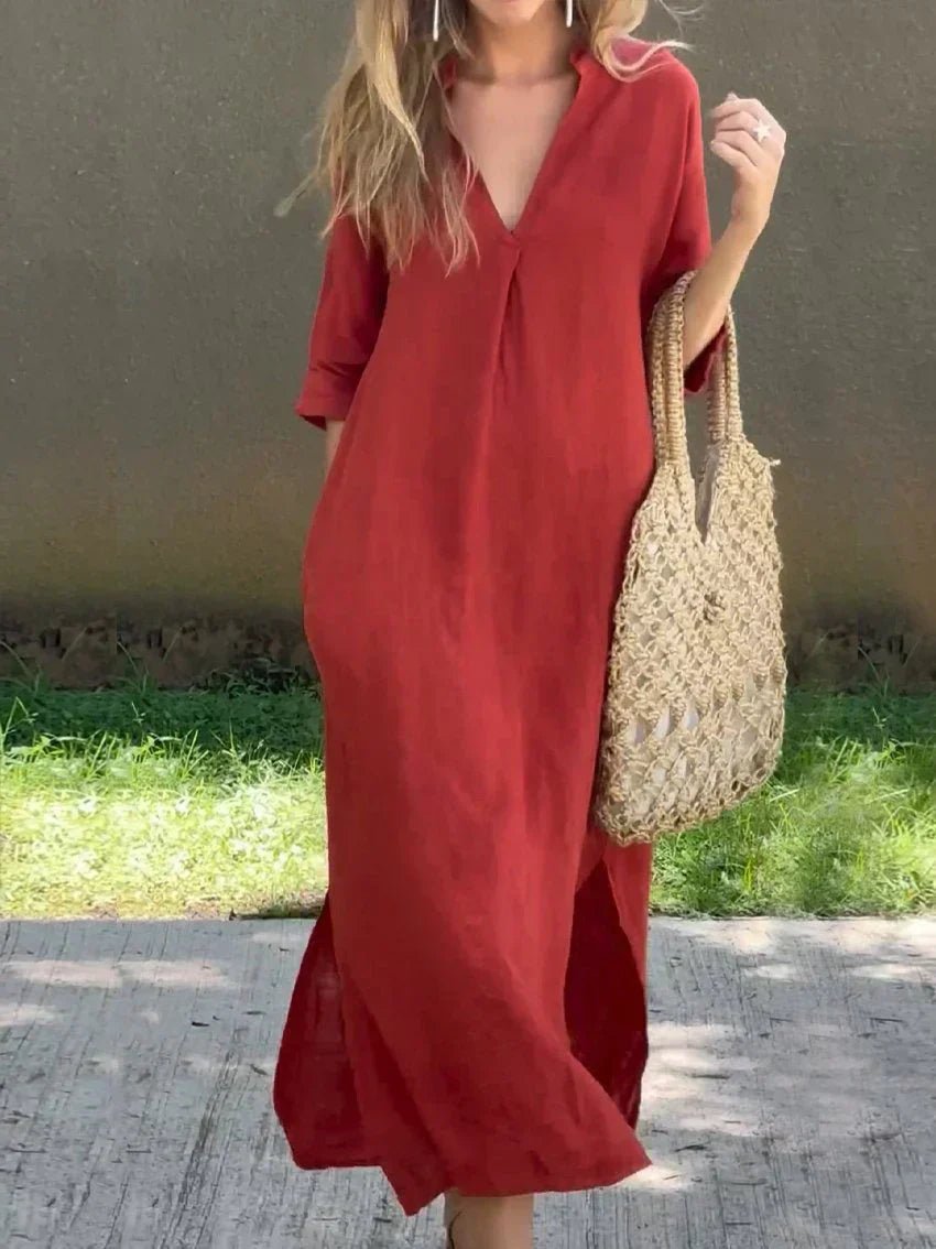 Dames V-Hals Maxi Jurk Losse Zomerse Linnen Look - Red (Almost sold out)
