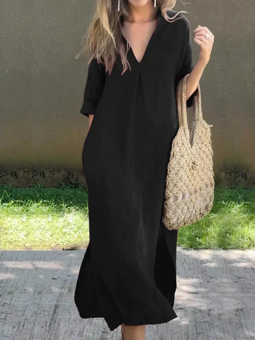 Dames V-Hals Maxi Jurk Losse Zomerse Linnen Look - Black (Almost sold out)