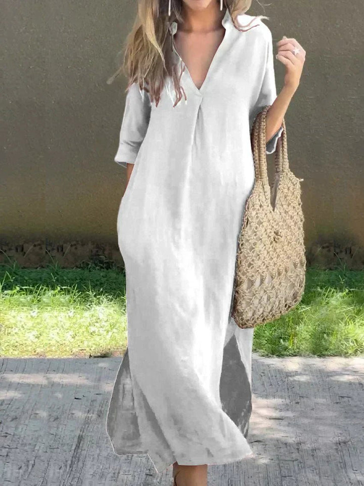 Dames V-Hals Maxi Jurk Losse Zomerse Linnen Look - White