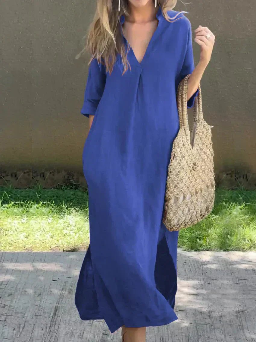 Dames V-Hals Maxi Jurk Losse Zomerse Linnen Look - Blue