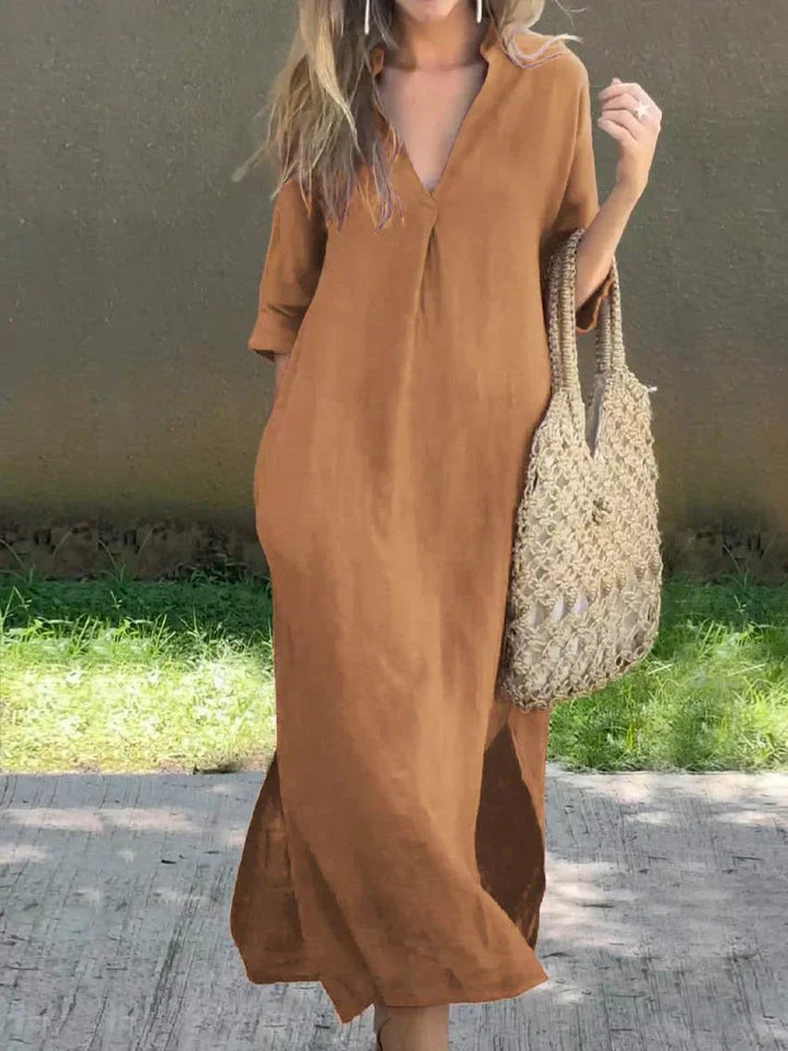 Dames V-Hals Maxi Jurk Losse Zomerse Linnen Look - Brown