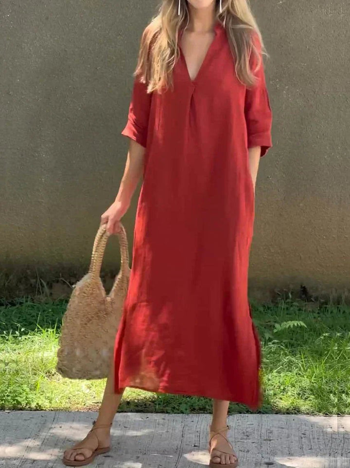 Dames V-Hals Maxi Jurk Losse Zomerse Linnen Look
