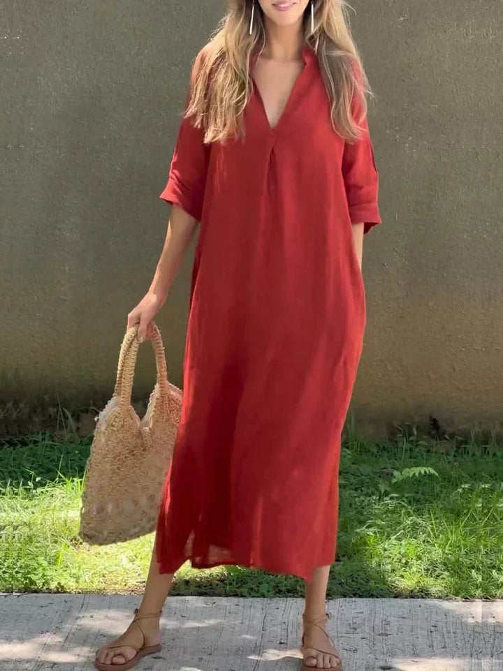 Dames V-Hals Maxi Jurk Losse Zomerse Linnen Look