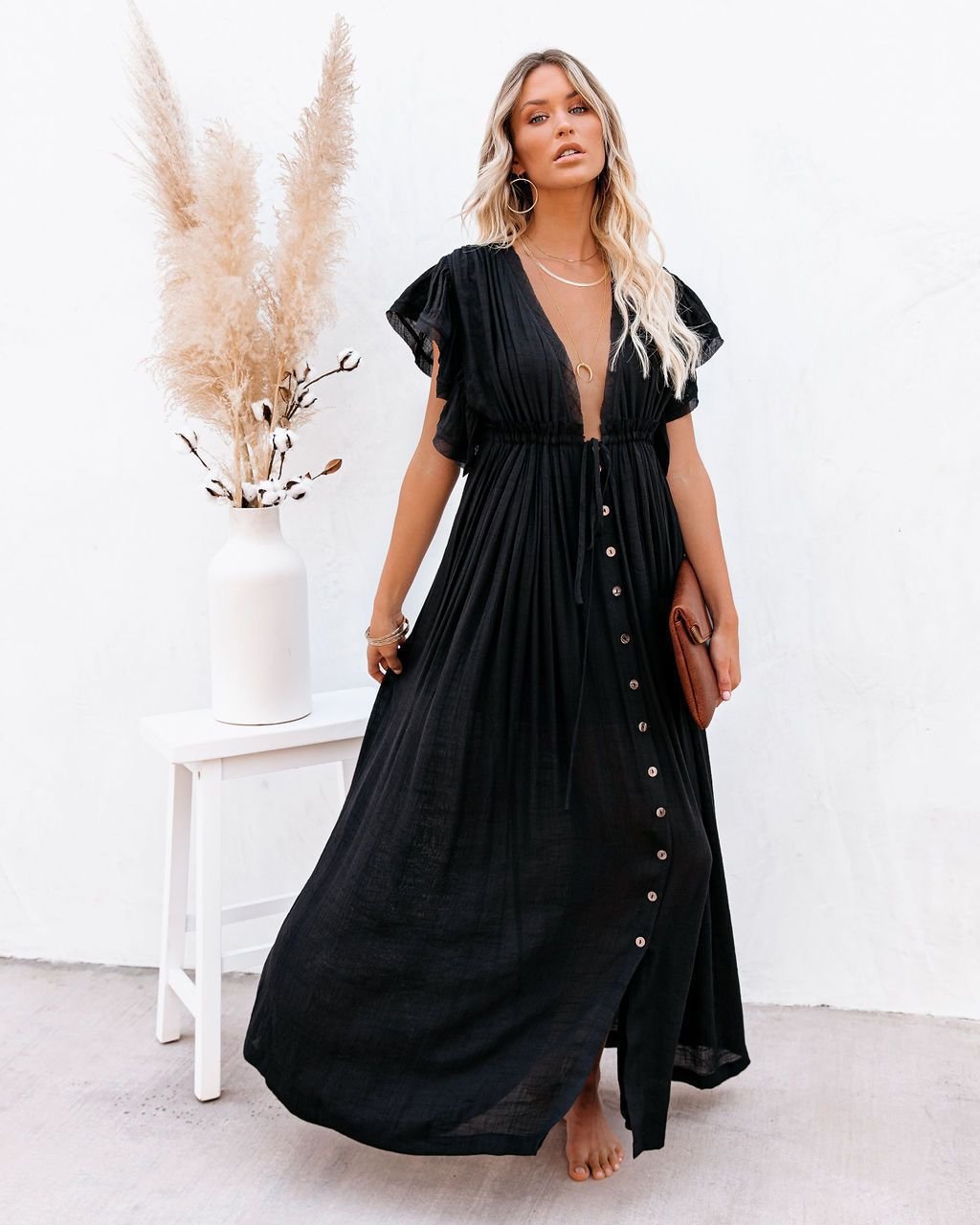 Dames V-hals Maxi-jurk met Knooplijst en Korte Mouwen - Black
