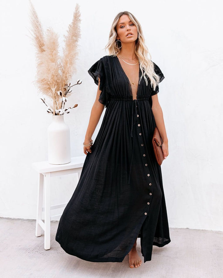 Dames V-hals Maxi-jurk met Knooplijst en Korte Mouwen - Black