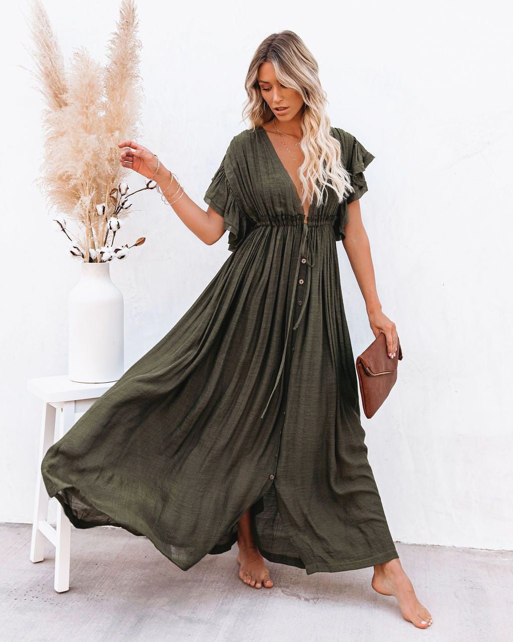Dames V-hals Maxi-jurk met Knooplijst en Korte Mouwen - Army Green
