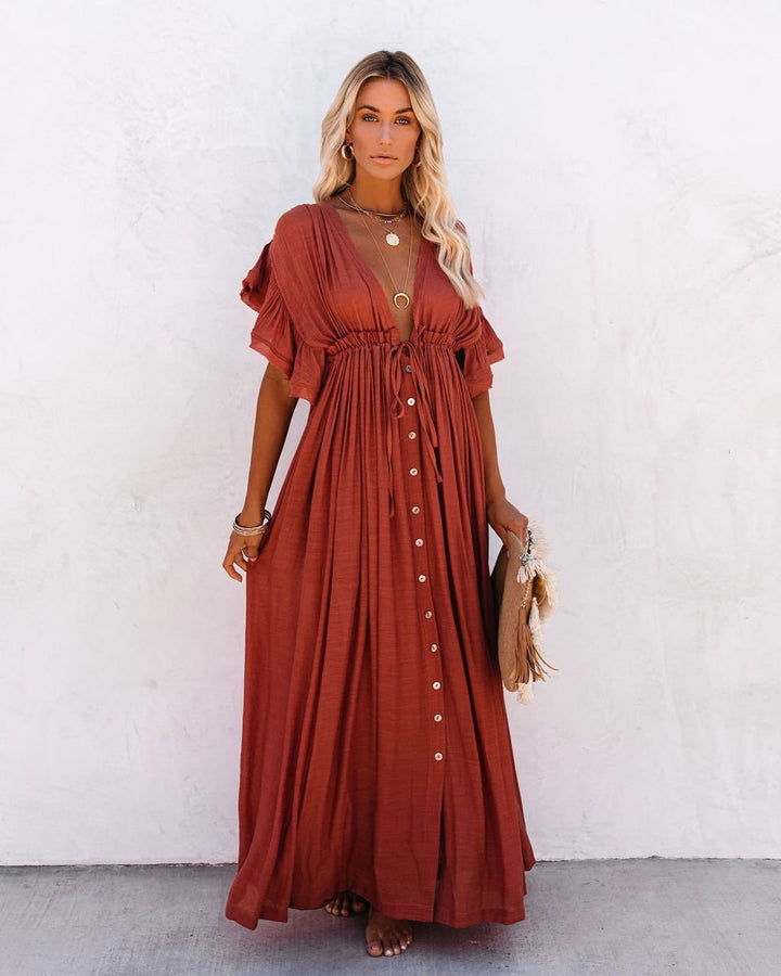Dames V-hals Maxi-jurk met Knooplijst en Korte Mouwen - Rust