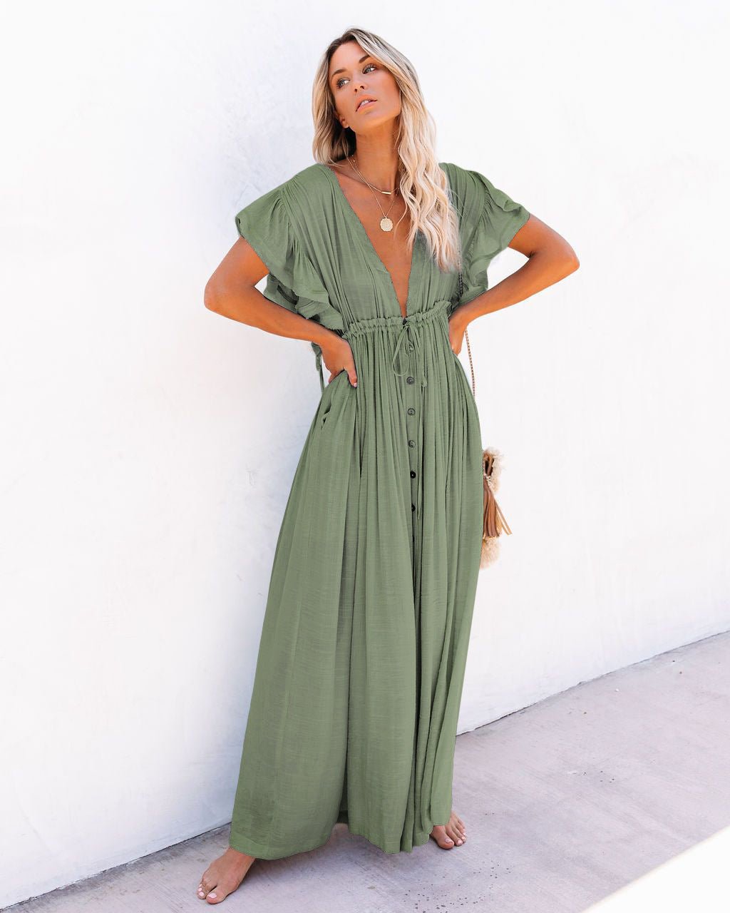 Dames V-hals Maxi-jurk met Knooplijst en Korte Mouwen - Light Green
