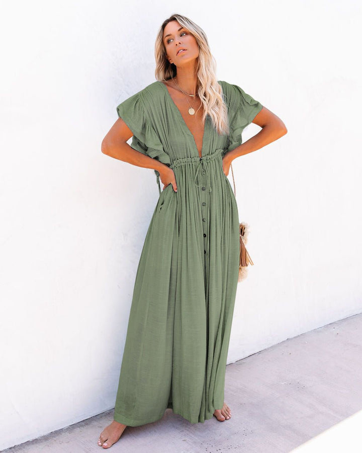 Dames V-hals Maxi-jurk met Knooplijst en Korte Mouwen - Light Green