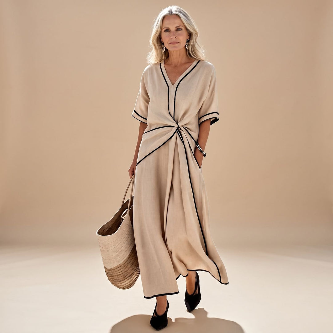 Dames V-hals Midi Jurk met Gedrapeerde Taille en Contrastbies - Beige