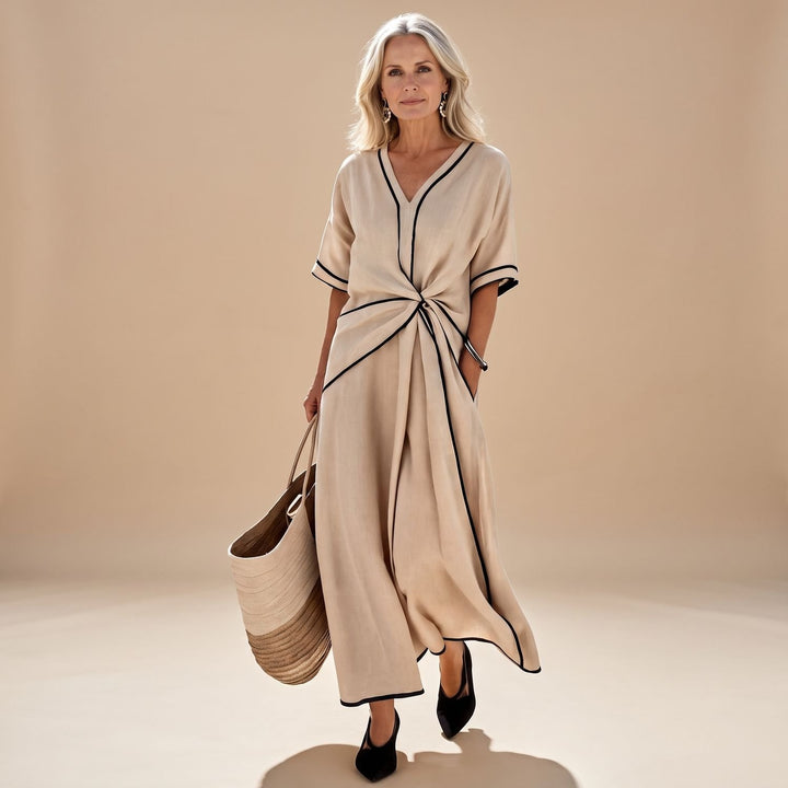 Dames V-hals Midi Jurk met Gedrapeerde Taille en Contrastbies - Beige