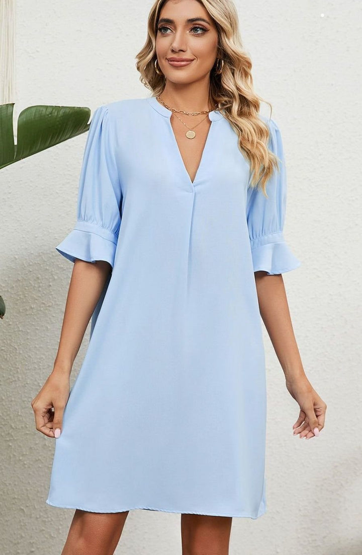 Dames V-hals Mini-jurk met Ruches Mouwen Casual Zomerjurk - Lichtblauw