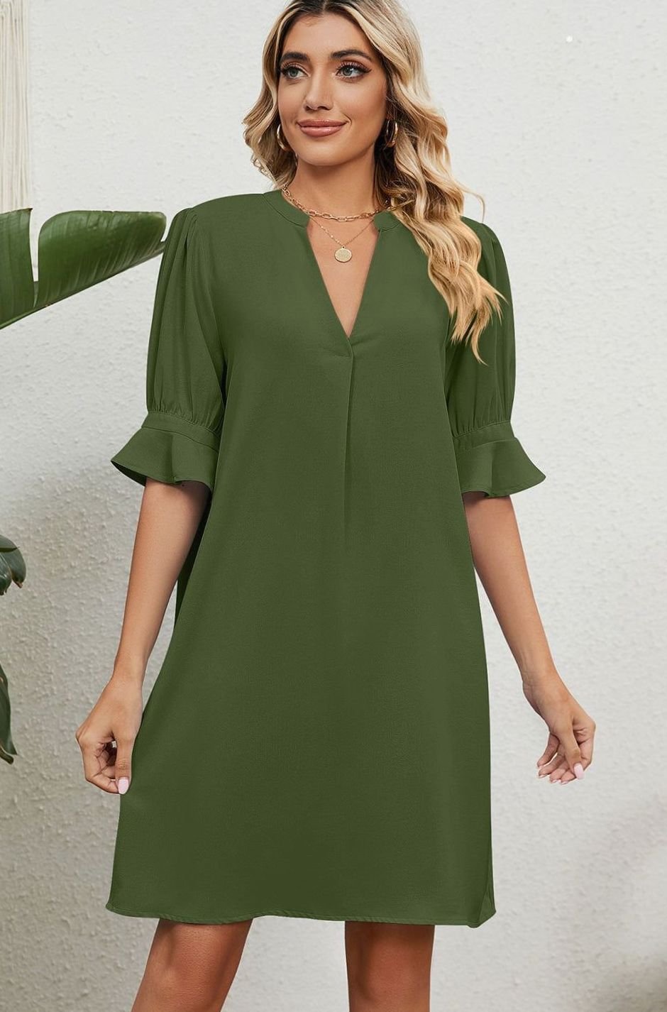 Dames V-hals Mini-jurk met Ruches Mouwen Casual Zomerjurk - Groen