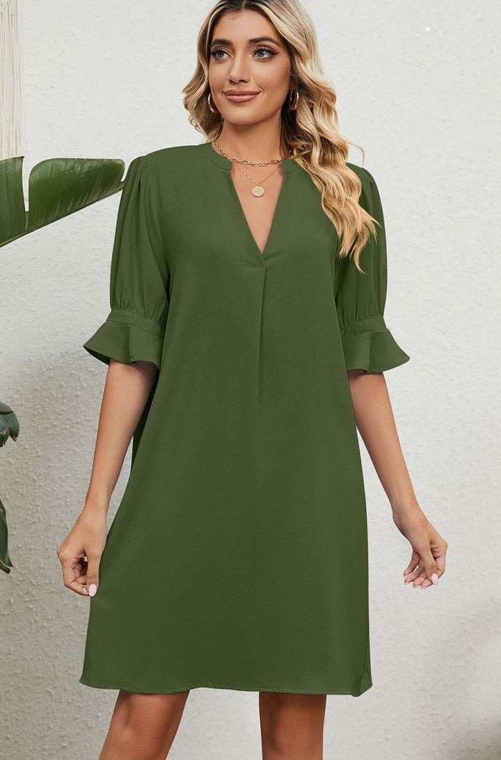 Dames V-hals Mini-jurk met Ruches Mouwen Casual Zomerjurk - Groen