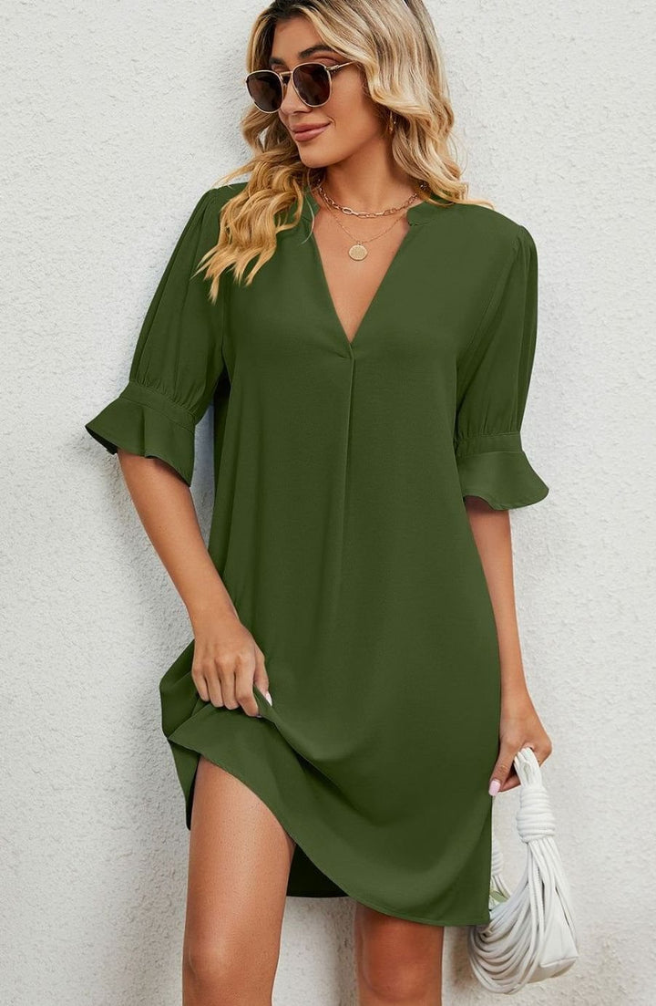 Dames V-hals Mini-jurk met Ruches Mouwen Casual Zomerjurk
