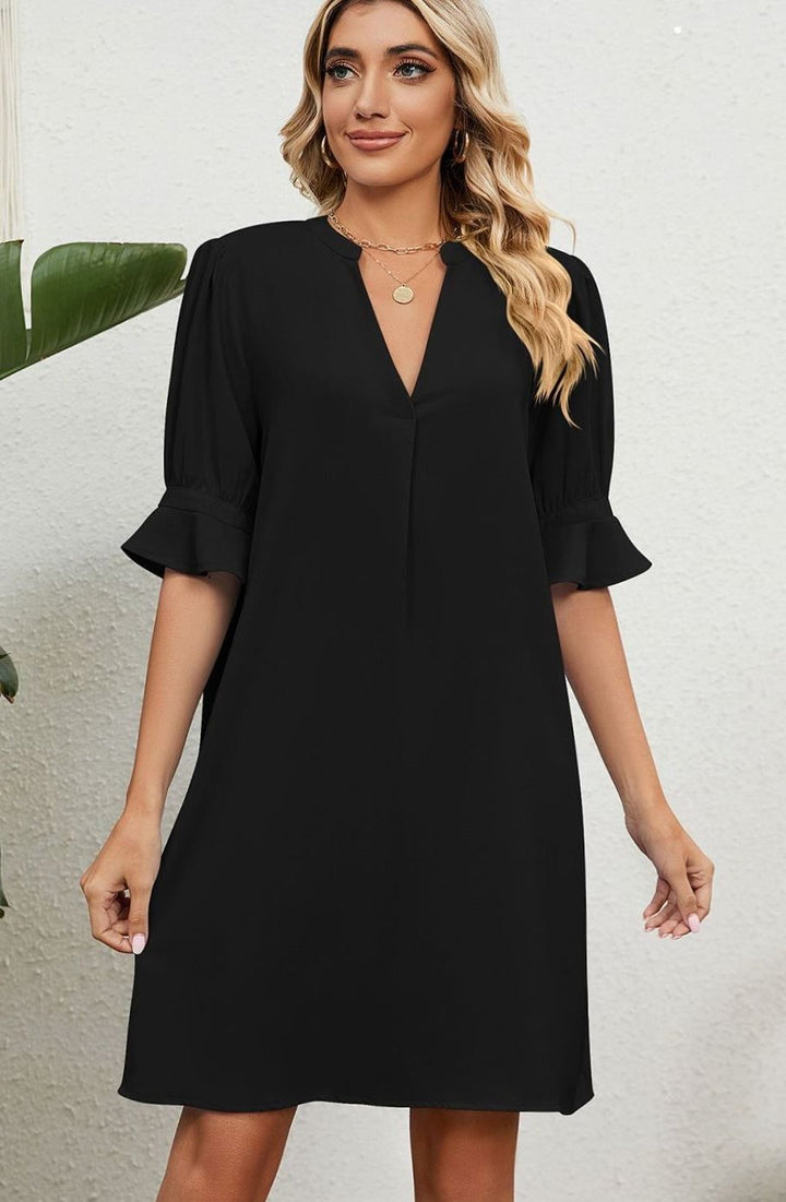 Dames V-hals Mini-jurk met Ruches Mouwen Casual Zomerjurk - Zwart