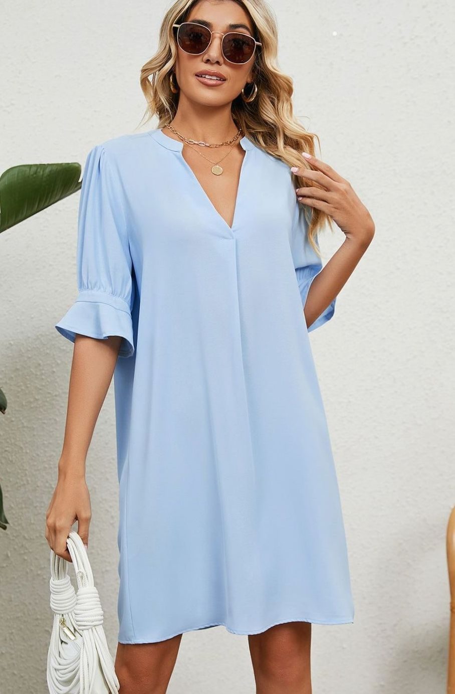 Dames V-hals Mini-jurk met Ruches Mouwen Casual Zomerjurk