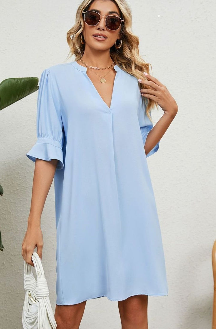 Dames V-hals Mini-jurk met Ruches Mouwen Casual Zomerjurk