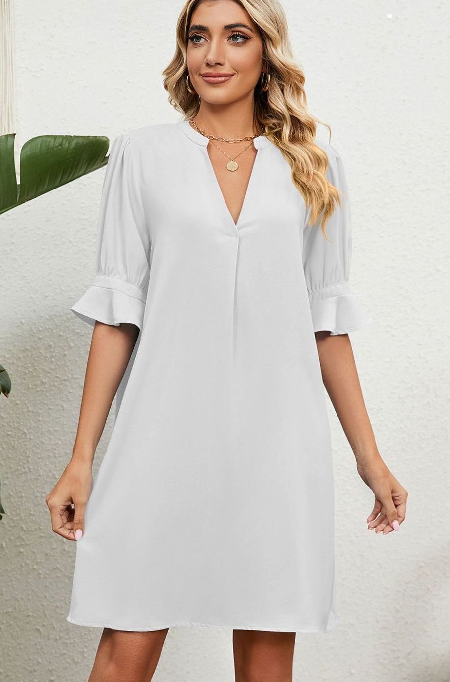 Dames V-hals Mini-jurk met Ruches Mouwen Casual Zomerjurk - Wit