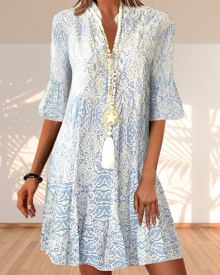 Dames V-hals Paisley Print Driekwart Mouwen Jurk - Blue