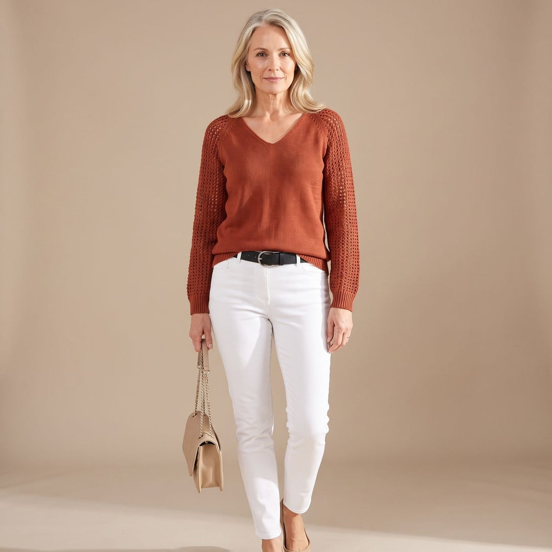 Dames V-hals Trui met Kanten Mouwen Losjes Gebreid - Caramel